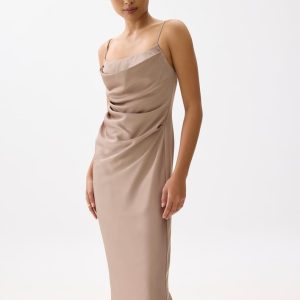 Padded Satin Column Drape Midi Dress